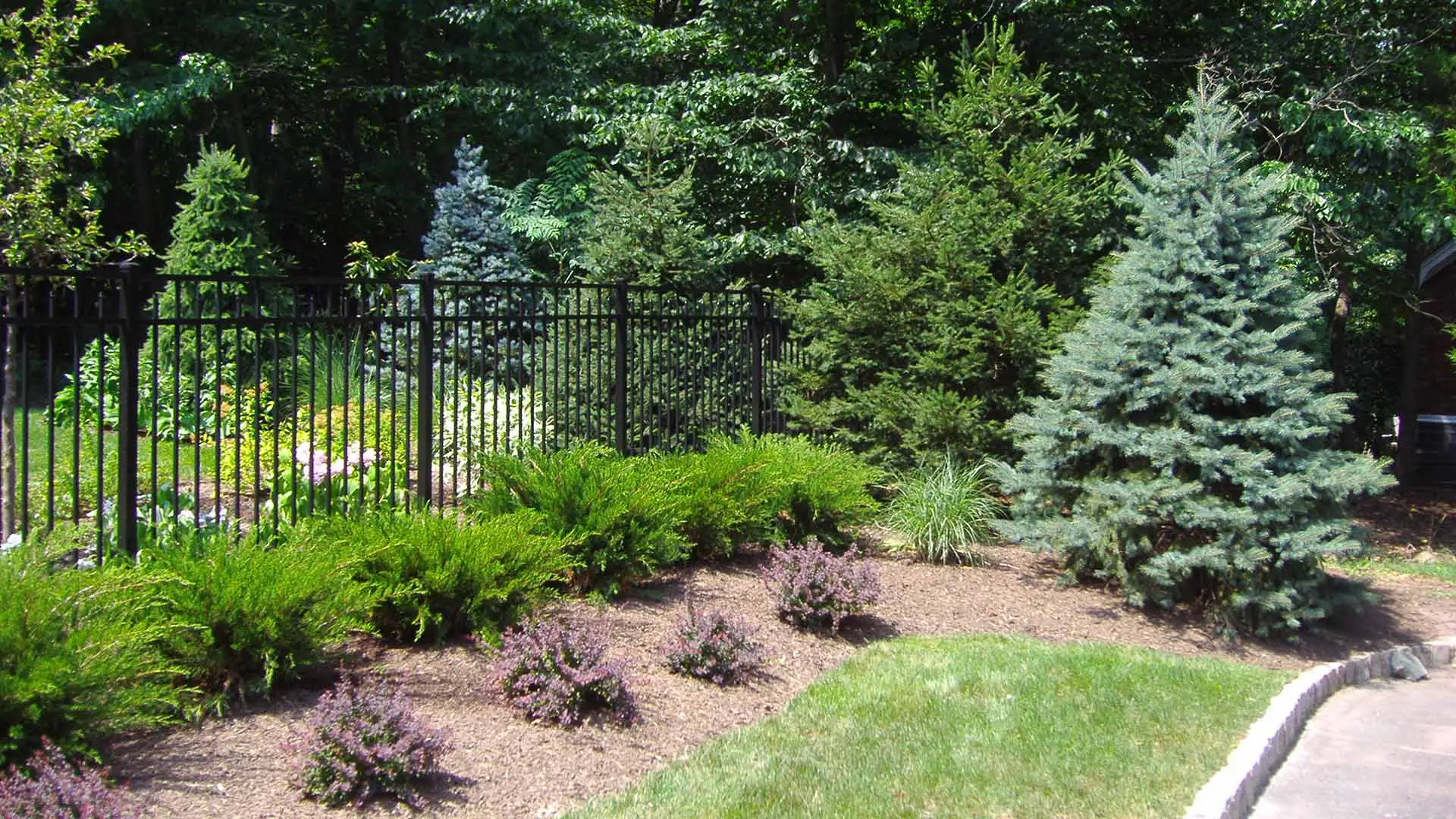 Beautifully trimmed landscape and mulch installation at home property in Summit, NJ.